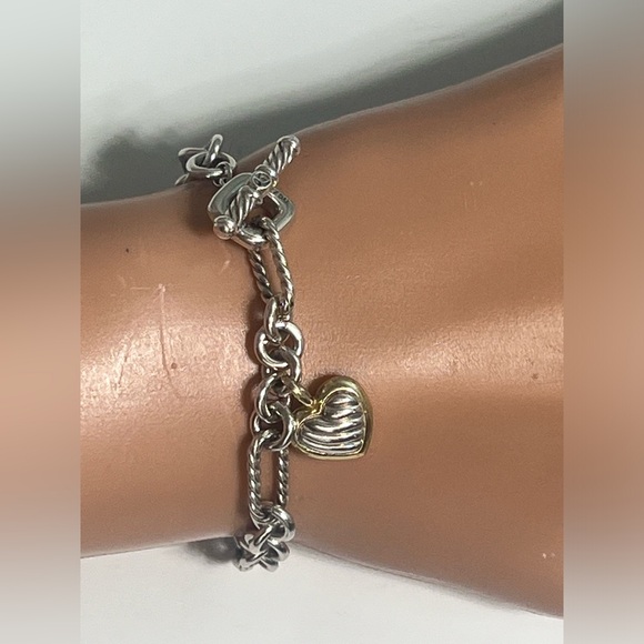 DAVID YURMAN 18K YG & Sterling Silver 925 Cable Chain Heart Charm Bracelet 7" - Picture 10 of 14
